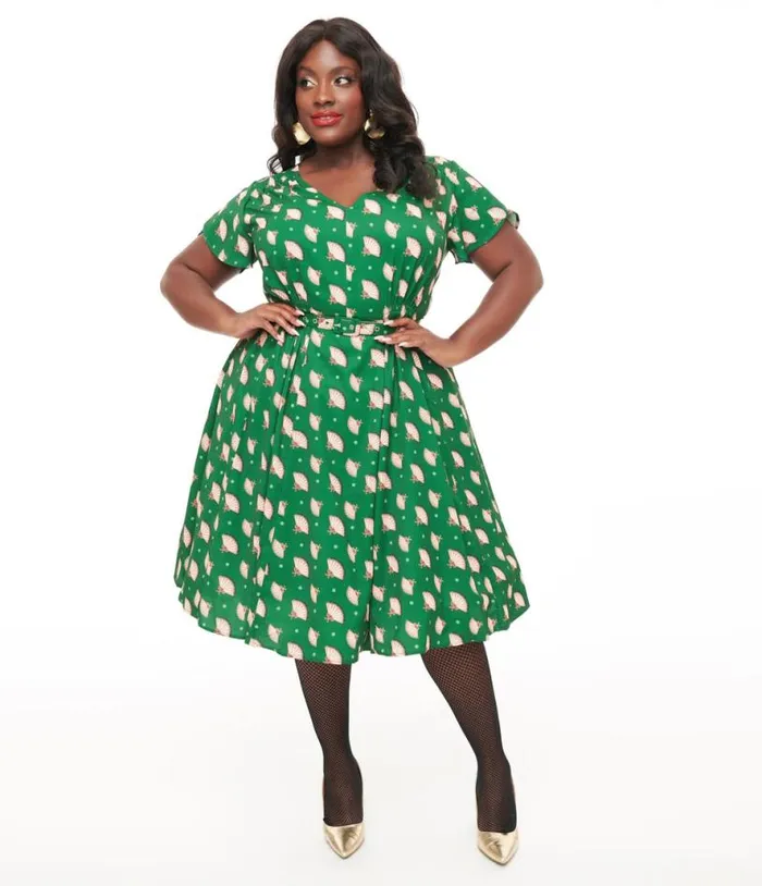 1940s Hunter Green Fan Print Tulip Sleeve Swing Dress DressesPlus Unique Vintage Swing