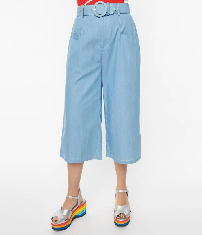1940s Light Blue Denim Ginger Capri Pants ClothingPlus Unique Vintage Pants