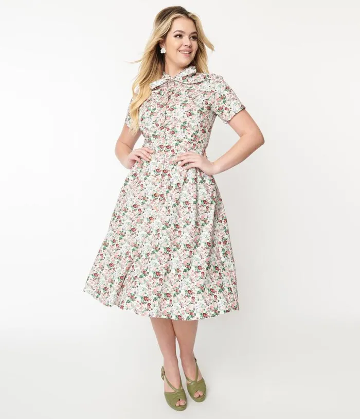 1940s Pink Floral Button Front Swing Dress Dresses Unique Vintage Swing
