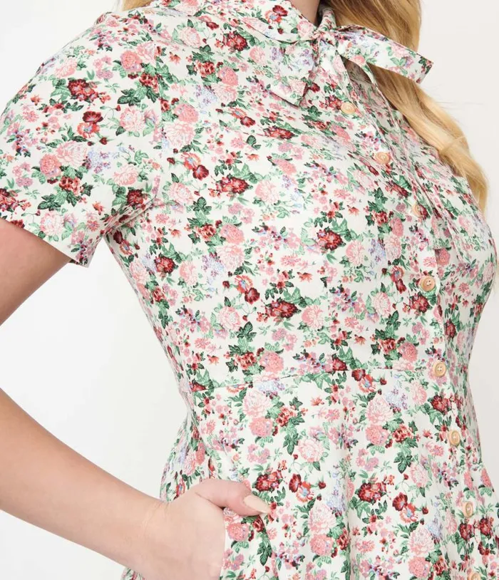 1940s Pink Floral Button Front Swing Dress Dresses Unique Vintage Swing