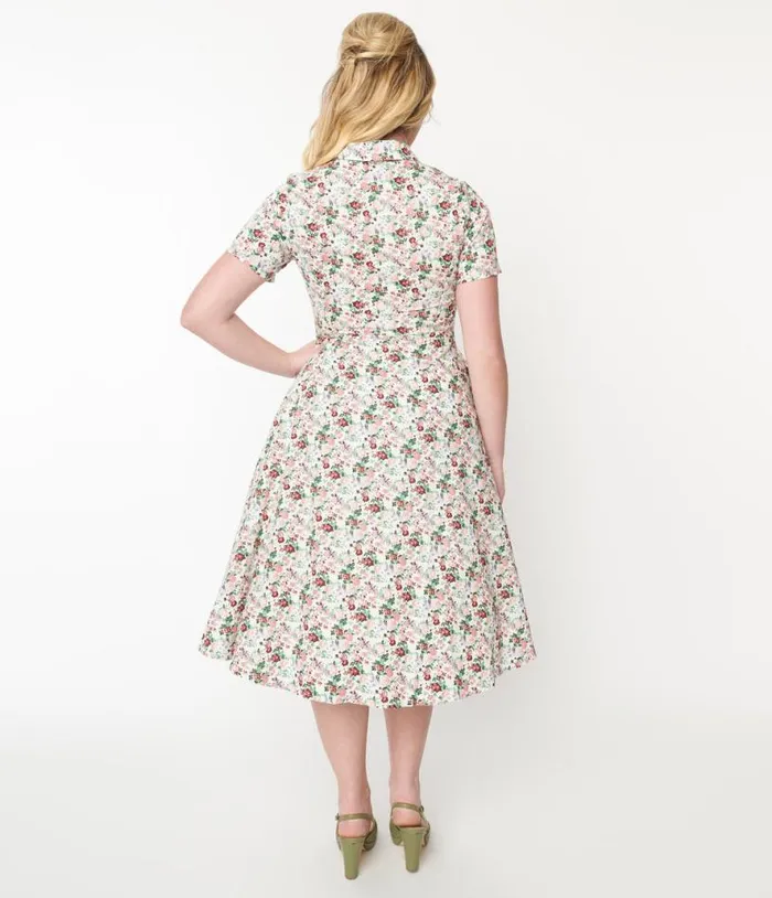 1940s Pink Floral Button Front Swing Dress Dresses Unique Vintage Swing