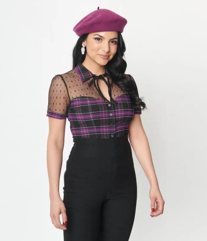 1940s Purple Plaid Addison Blouse Halloween Unique Vintage Tops