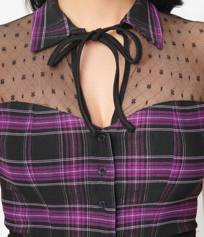 1940s Purple Plaid Addison Blouse Halloween Unique Vintage Tops