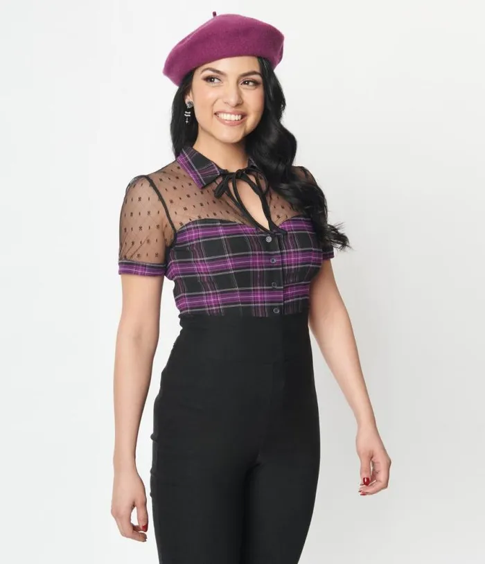 1940s Purple Plaid Addison Blouse Halloween Unique Vintage Tops
