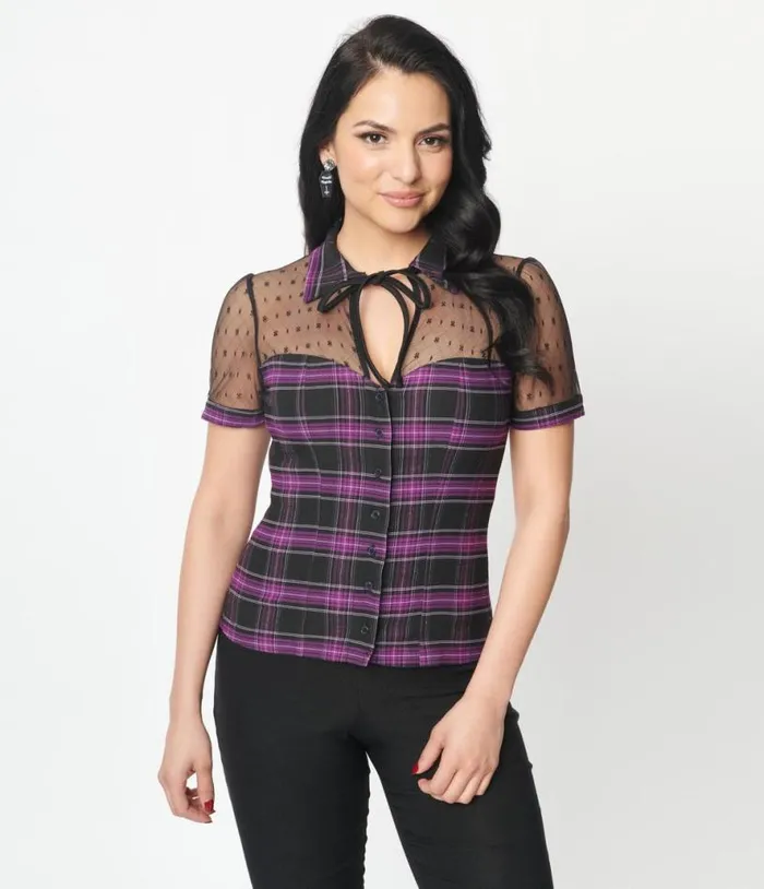 1940s Purple Plaid Addison Blouse Halloween Unique Vintage Tops