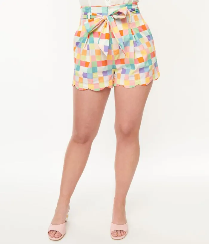 1940s Rainbow Pastel Check Cotton High Waist Shorts Clothing Unique Vintage Shorts