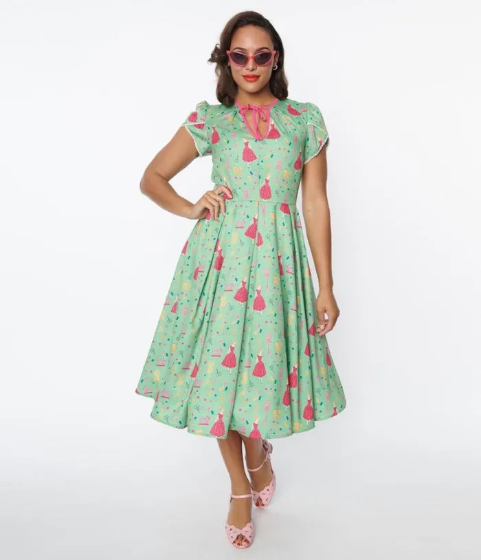 1940s Sage and Retro Sewing Print Dahlia Swing Dress Dresses Unique Vintage Pocket Dresses 1940s Sage and Retro Sewing Print Dahlia Swing Dress Dresses Unique Vintage Pocket Dresses