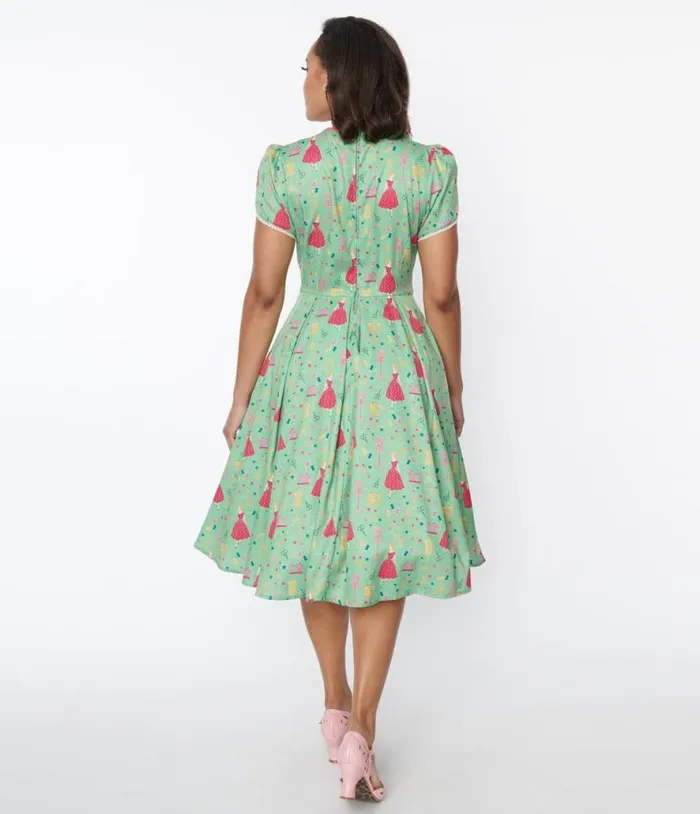1940s Sage and Retro Sewing Print Dahlia Swing Dress Dresses Unique Vintage Pocket Dresses