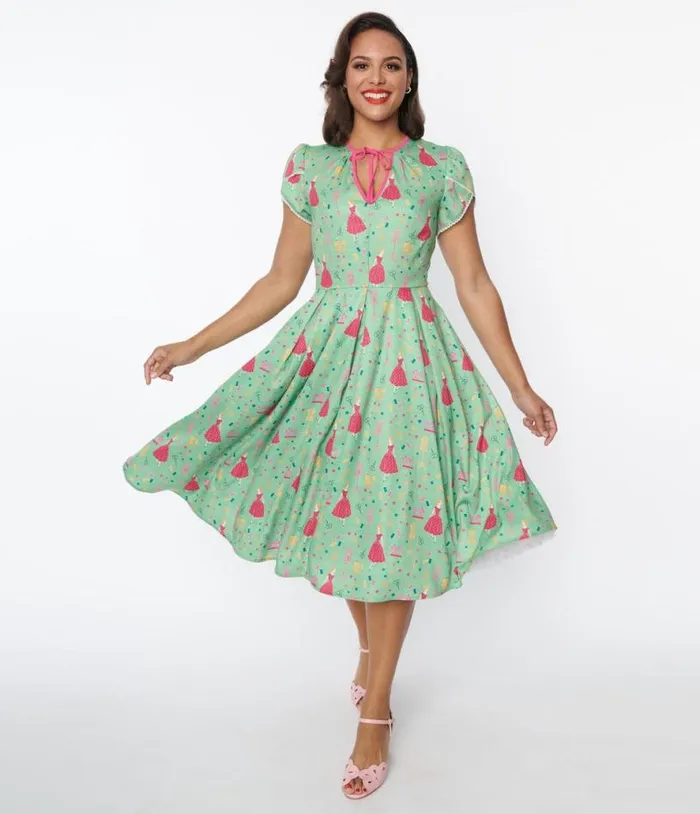 1940s Sage and Retro Sewing Print Dahlia Swing Dress Dresses Unique Vintage Pocket Dresses