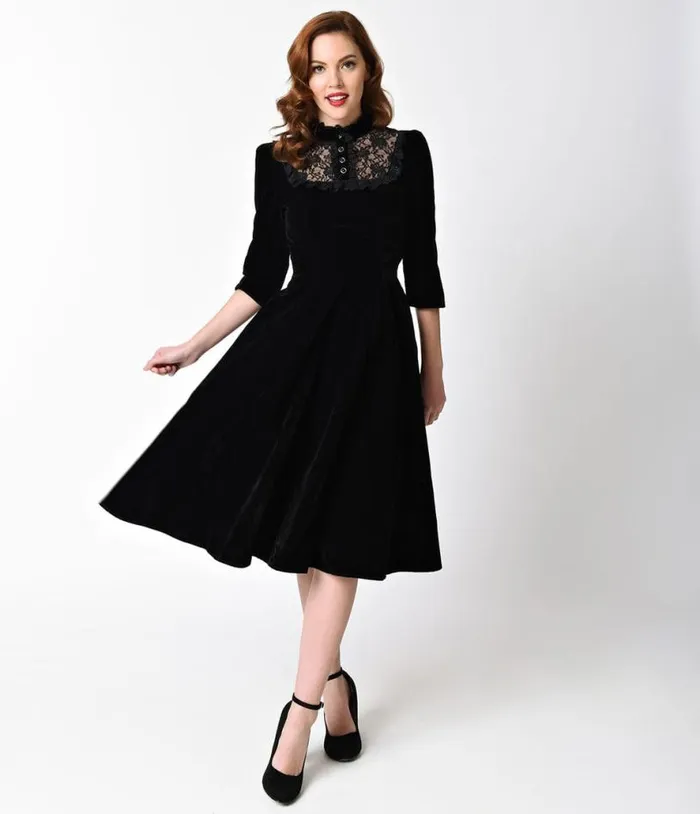 1940s Style Black Velvet and Lace Nightshade Half Sleeve Swing Dress Dresses Unique Vintage Swing