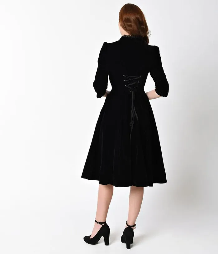 1940s Style Black Velvet and Lace Nightshade Half Sleeve Swing Dress Dresses Unique Vintage Swing