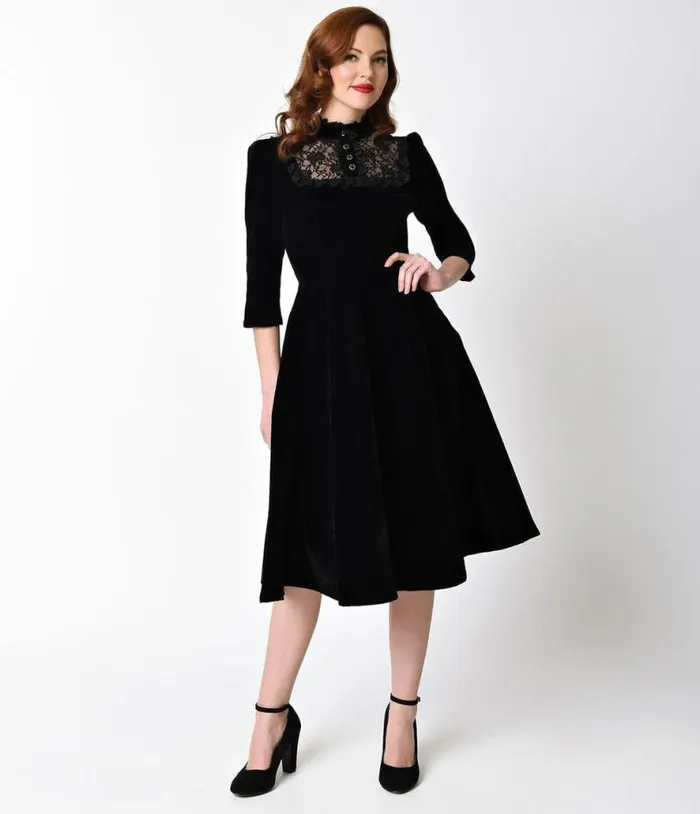 1940s Style Black Velvet and Lace Nightshade Half Sleeve Swing Dress Dresses Unique Vintage Swing