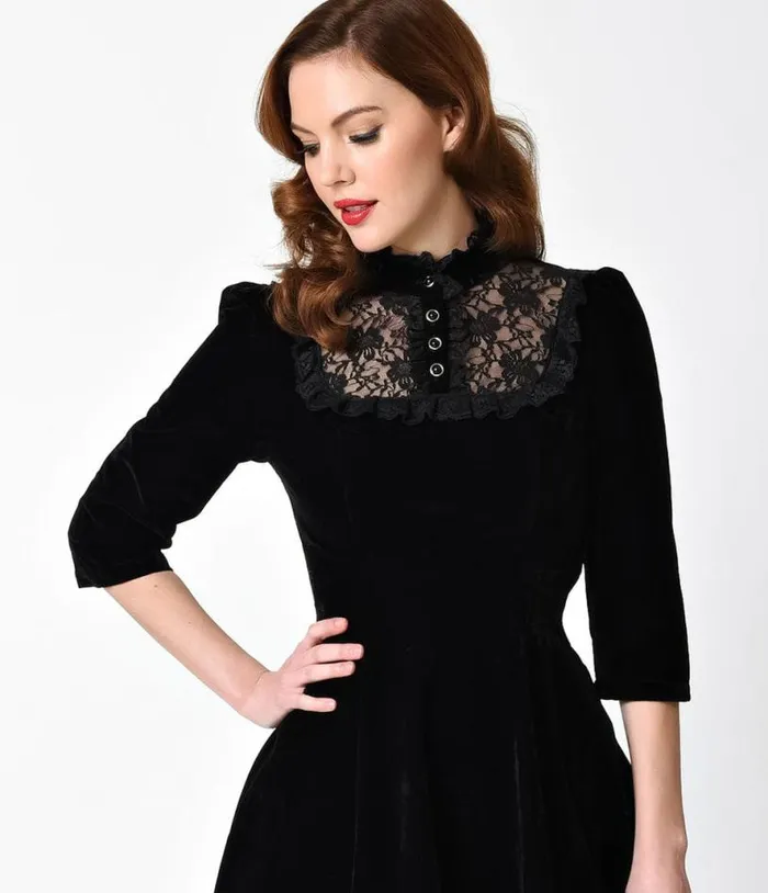 1940s Style Black Velvet and Lace Nightshade Half Sleeve Swing Dress Dresses Unique Vintage Swing