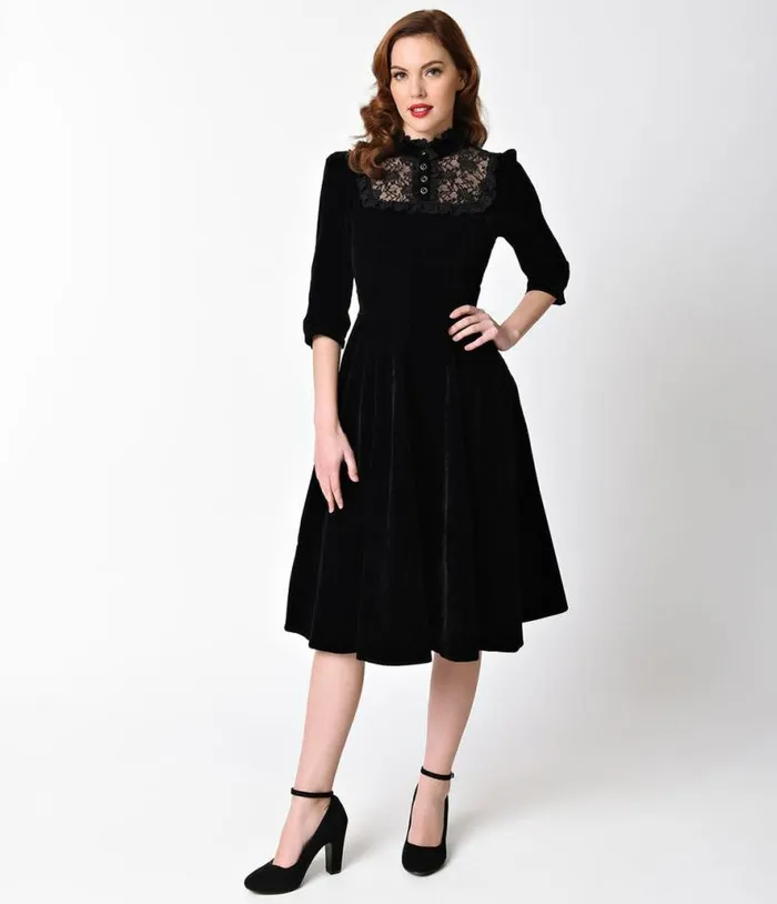 1940s Style Black Velvet and Lace Nightshade Half Sleeve Swing Dress Dresses Unique Vintage Swing