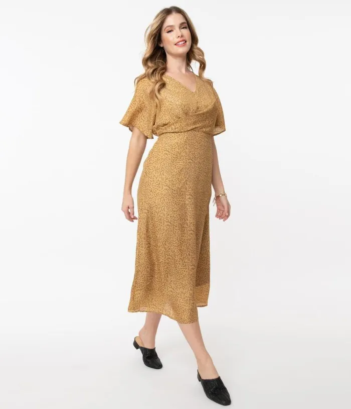 1940s Tan and Black Spotted Print Midi Dress Dresses Unique Vintage Maxi