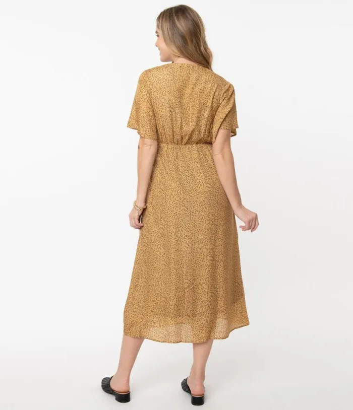 1940s Tan and Black Spotted Print Midi Dress Dresses Unique Vintage Maxi