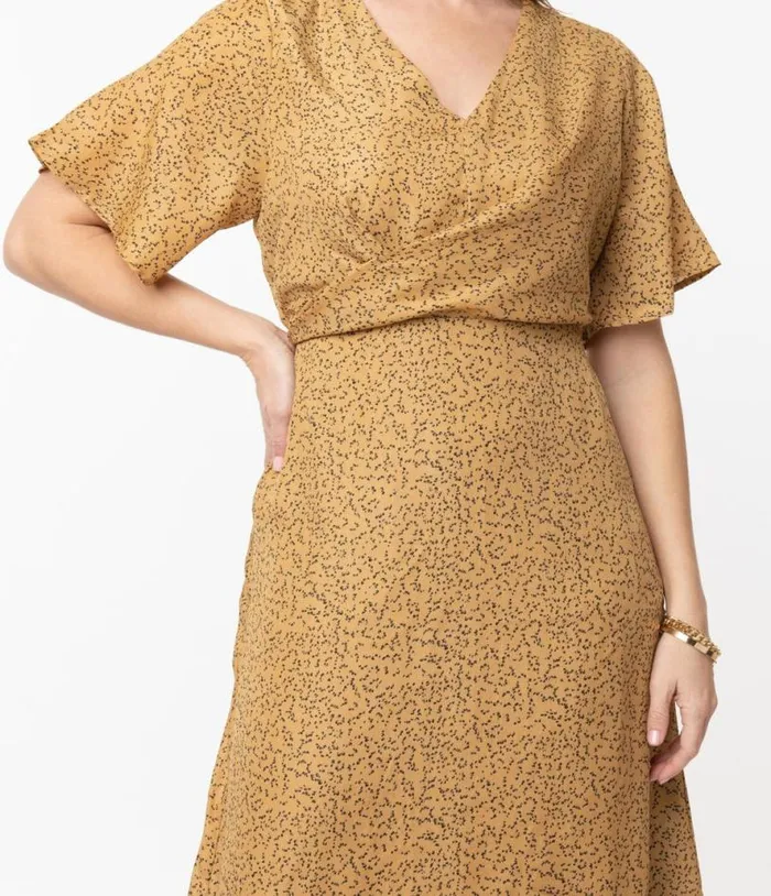 1940s Tan and Black Spotted Print Midi Dress Dresses Unique Vintage Maxi