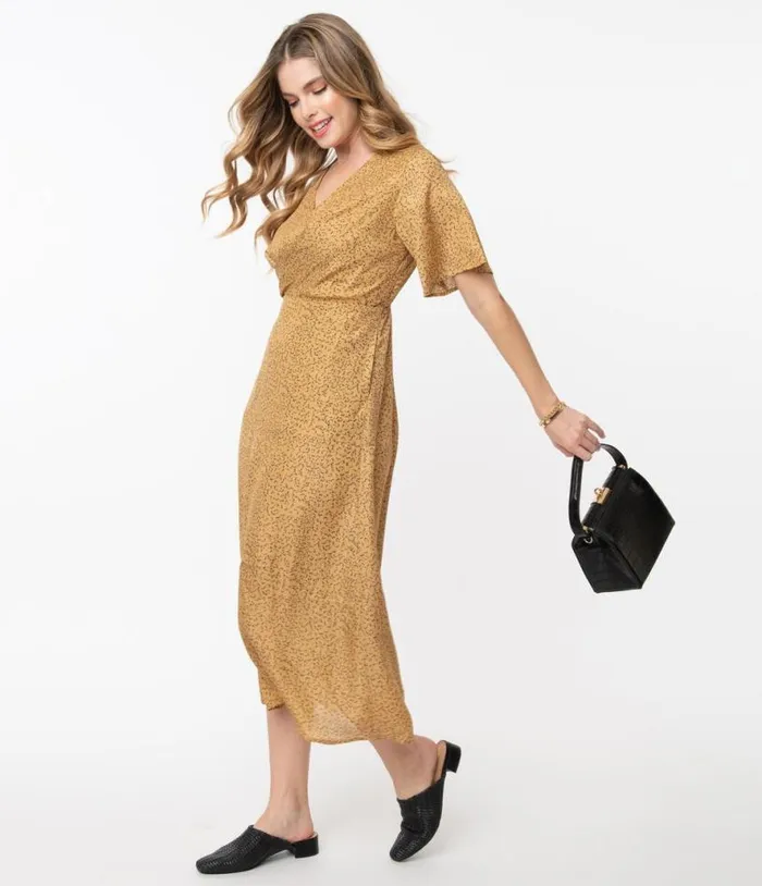 1940s Tan and Black Spotted Print Midi Dress Dresses Unique Vintage Maxi