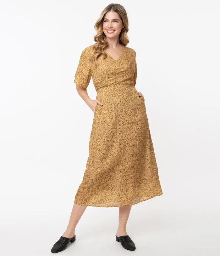 1940s Tan and Black Spotted Print Midi Dress Dresses Unique Vintage Maxi