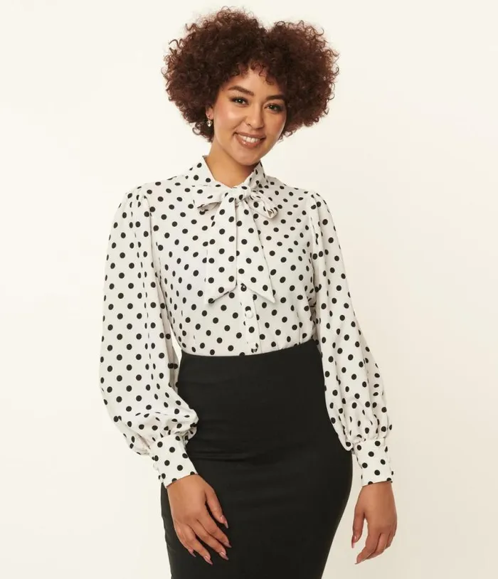 1940s White and Black Polka Dot Neck Tie Gwen Blouse Clothing Unique Vintage Blouses