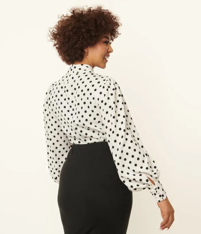 1940s White and Black Polka Dot Neck Tie Gwen Blouse Clothing Unique Vintage Blouses