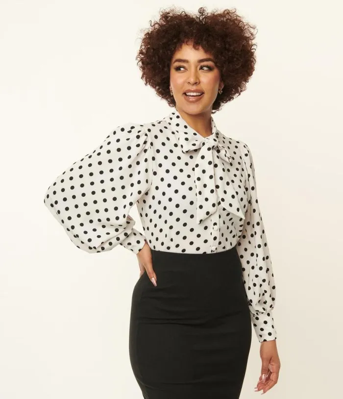 1940s White and Black Polka Dot Neck Tie Gwen Blouse Clothing Unique Vintage Blouses