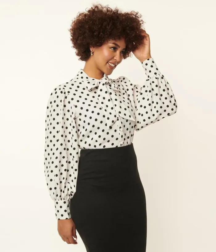 1940s White and Black Polka Dot Neck Tie Gwen Blouse Clothing Unique Vintage Blouses