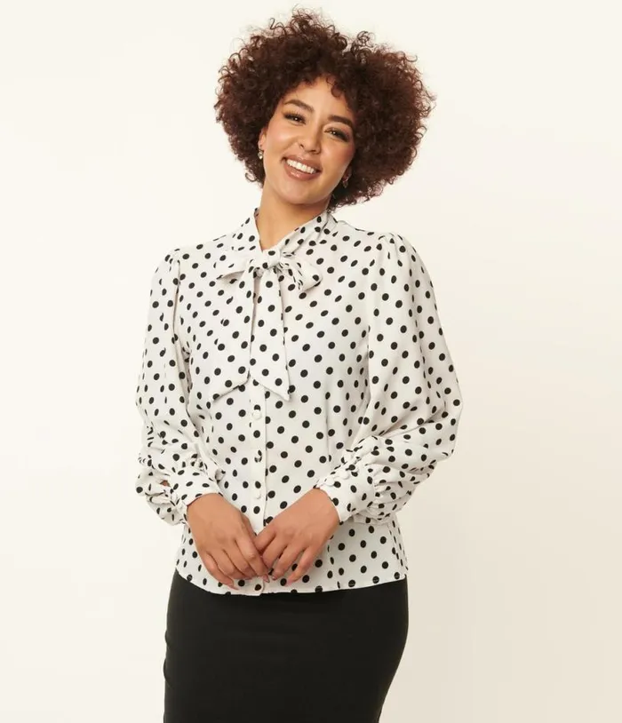 1940s White and Black Polka Dot Neck Tie Gwen Blouse Clothing Unique Vintage Blouses