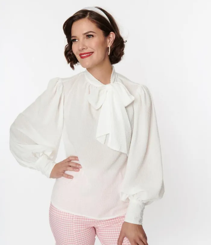 1940s White Clip Dot Long Sleeve Bow Blouse Clothing Unique Vintage Blouses