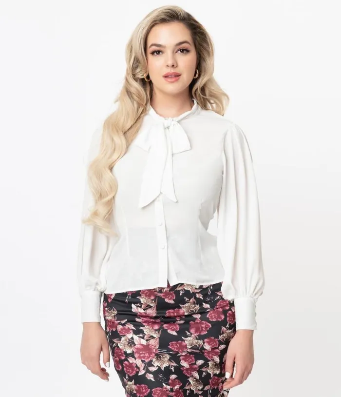1940s White Neck Tie Gwen Blouse Clothing Unique Vintage Blouses