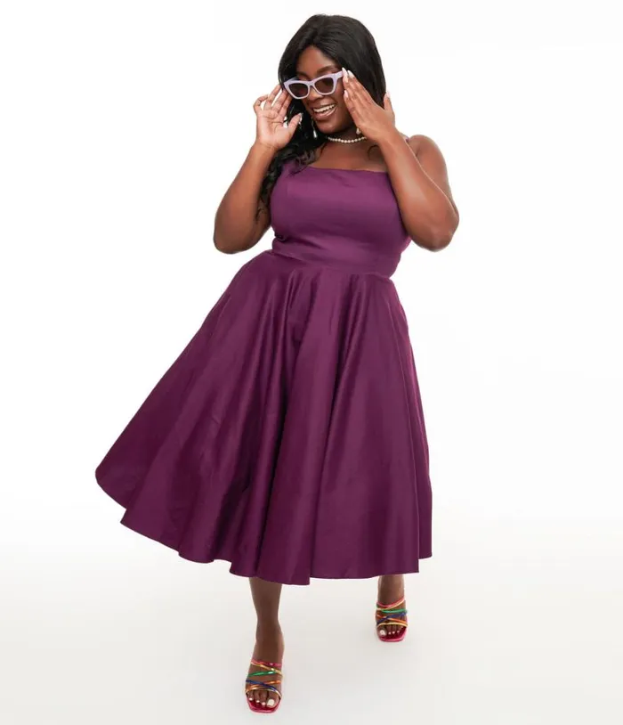 1950s Aubergine Peggy Swing Dress DressesPlus Unique Vintage Pocket Dresses