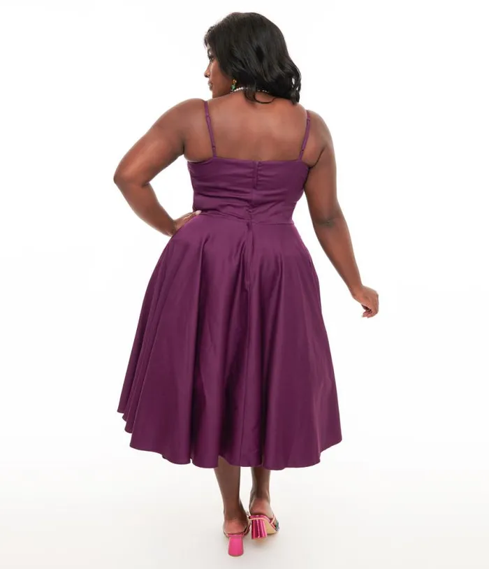 1950s Aubergine Peggy Swing Dress DressesPlus Unique Vintage Pocket Dresses