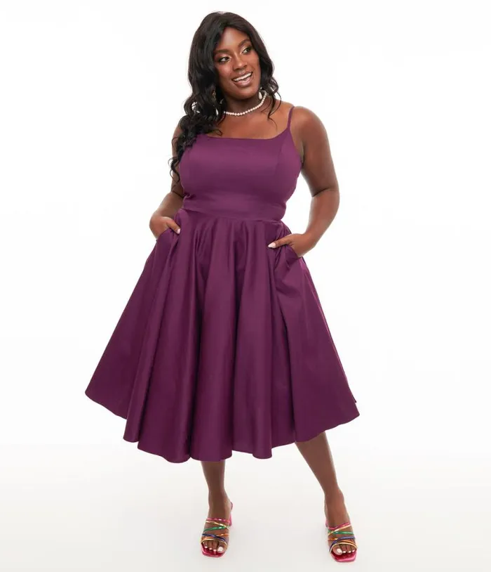 1950s Aubergine Peggy Swing Dress DressesPlus Unique Vintage Pocket Dresses