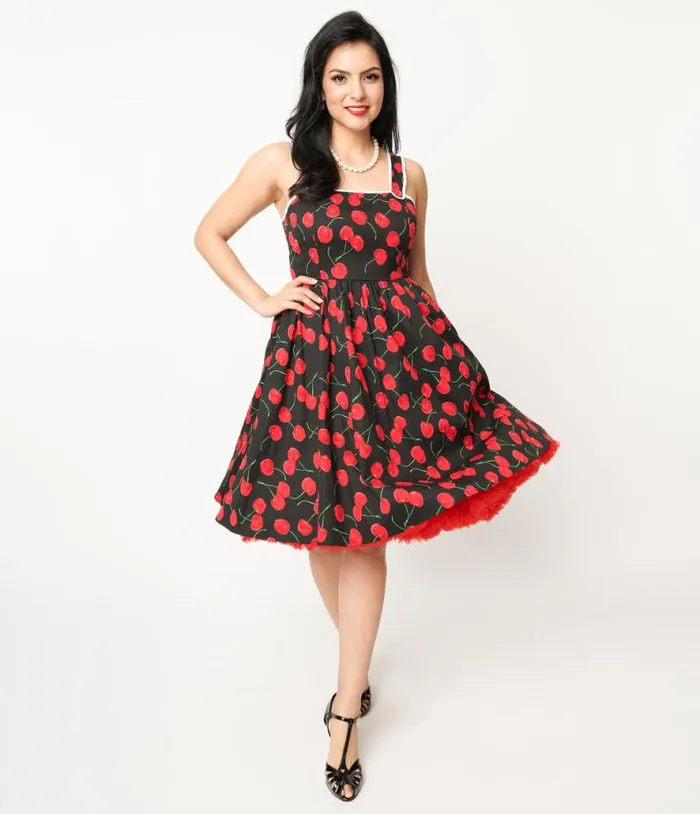 1950s Black and Cherry Print Cotton Pinafore Swing Dress Dresses Unique Vintage Pocket Dresses
