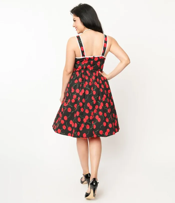 1950s Black and Cherry Print Cotton Pinafore Swing Dress Dresses Unique Vintage Pocket Dresses