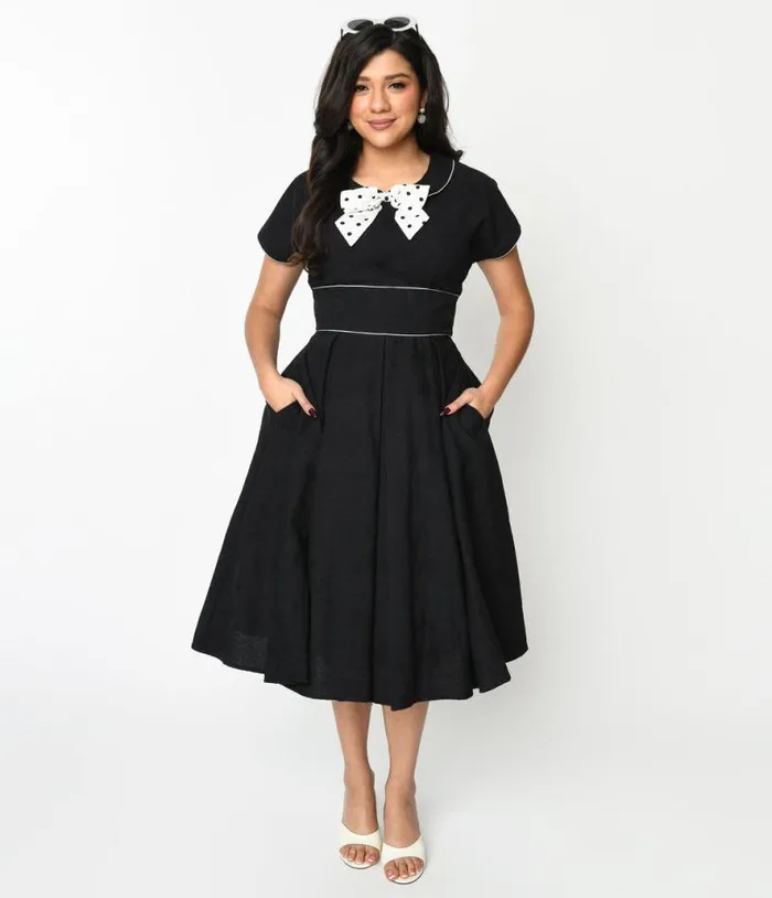 1950s Black and Ivory Polka Dot Bow Cotton Swing Dress Dresses Unique Vintage Pocket Dresses 1950s Black and Ivory Polka Dot Bow Cotton Swing Dress Dresses Unique Vintage Pocket Dresses