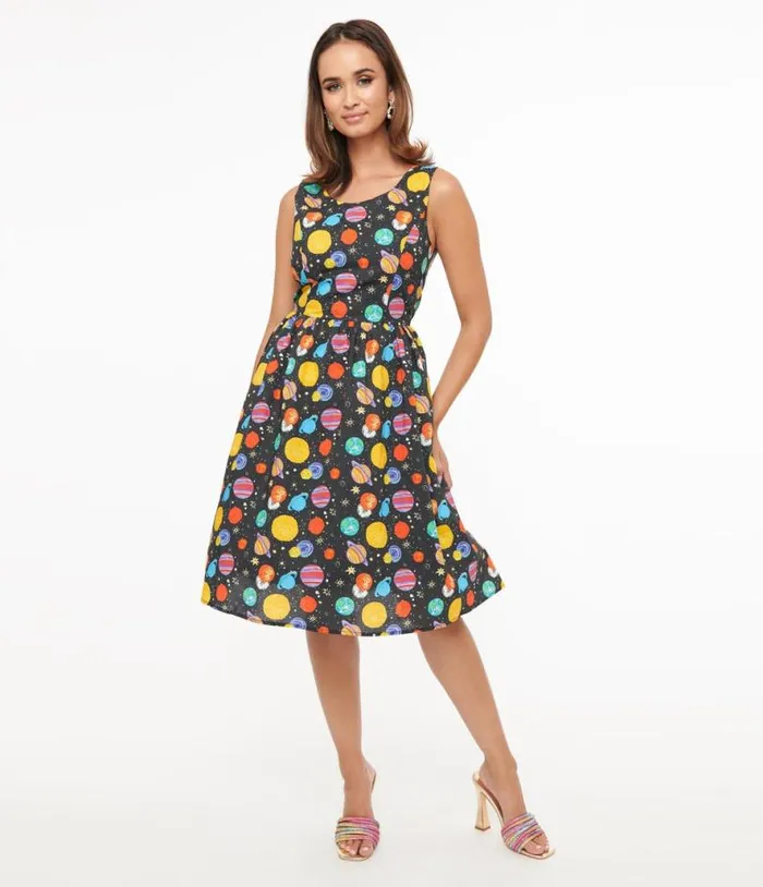 1950s Black and Multicolor Planets Cotton Swing Dress Dresses Unique Vintage Pocket Dresses 1950s Black and Multicolor Planets Cotton Swing Dress Dresses Unique Vintage Pocket Dresses