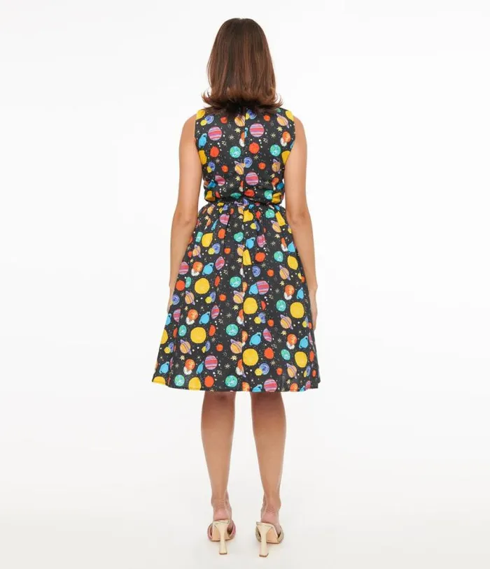 1950s Black and Multicolor Planets Cotton Swing Dress Dresses Unique Vintage Pocket Dresses