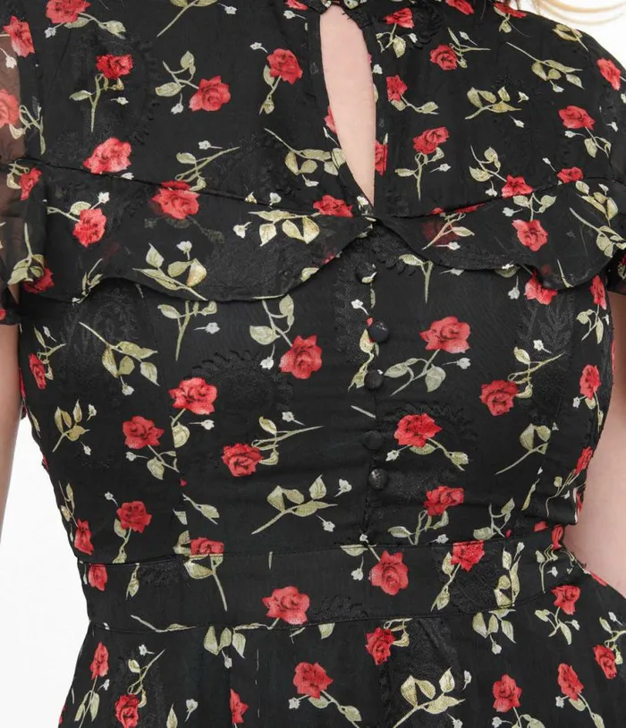 1950s Black and Red Rose Capulet Fit and Flare Dress Dresses Unique Vintage Fit and Flare