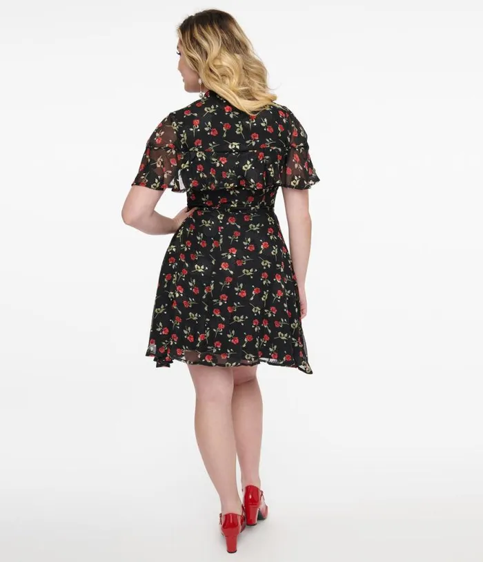 1950s Black and Red Rose Capulet Fit and Flare Dress Dresses Unique Vintage Fit and Flare