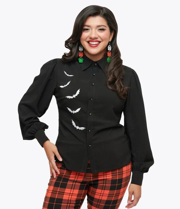 1950s Black and Silver Bat Button Up Blouse ClothingHalloween Unique Vintage Tops