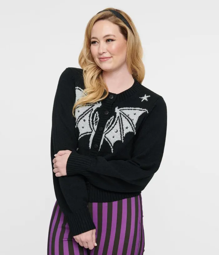 1950s Black and Silver Bat Cropped Cardigan ClothingHalloween Unique Vintage Sweaters and Cardigans