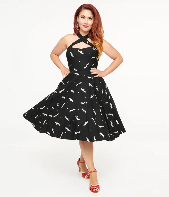 1950s Black and Silver Bats Criss Cross Halter Rita Flare Dress DressesHalloween Unique Vintage Dresses 1950s Black and Silver Bats Criss Cross Halter Rita Flare Dress DressesHalloween Unique Vintage Dresses