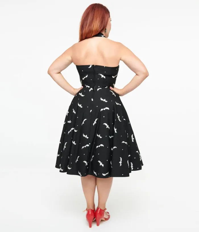 1950s Black and Silver Bats Criss Cross Halter Rita Flare Dress DressesHalloween Unique Vintage Dresses