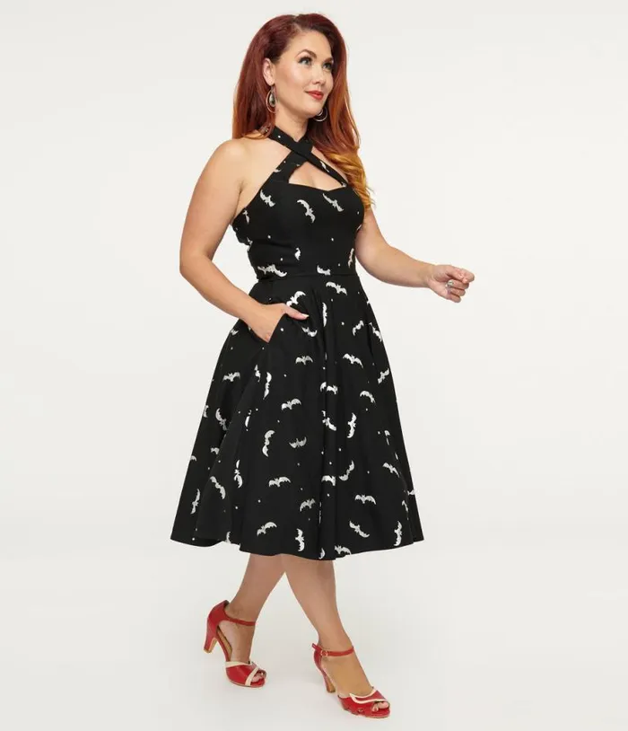 1950s Black and Silver Bats Criss Cross Halter Rita Flare Dress DressesHalloween Unique Vintage Dresses