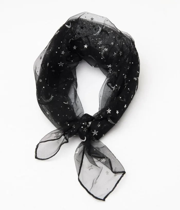 1950s Black and Silver Star Print Hair Scarf Accessories Unique Vintage Hair Scarves