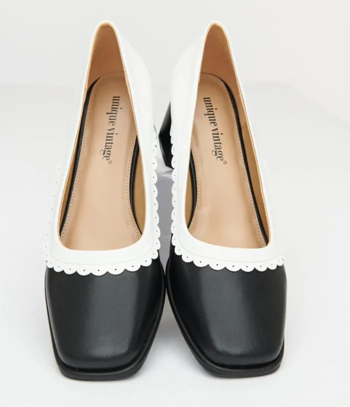 1950s Black and White Square Toe Pumps Shoes Unique Vintage Heels