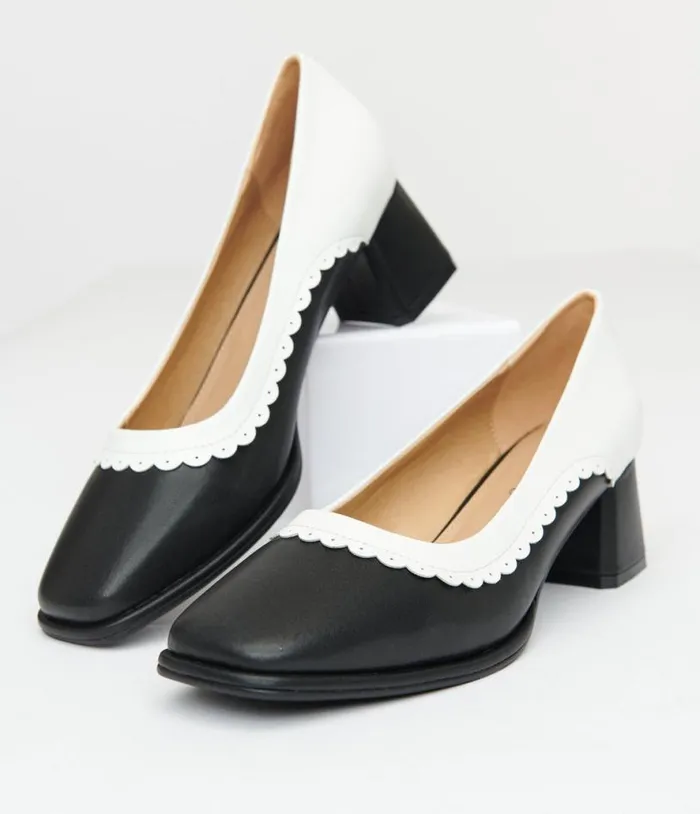1950s Black and White Square Toe Pumps Shoes Unique Vintage Heels