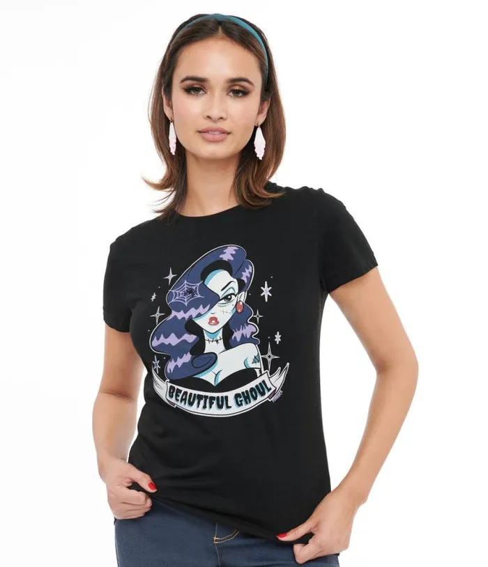 1950s Black Beautiful Ghoul Fitted Graphic Tee ClothingHalloweenPlus Unique Vintage Graphic Tees