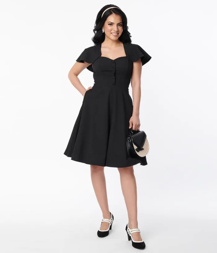 1950s Black Capelet Swing Dress Dresses Unique Vintage Pocket Dresses